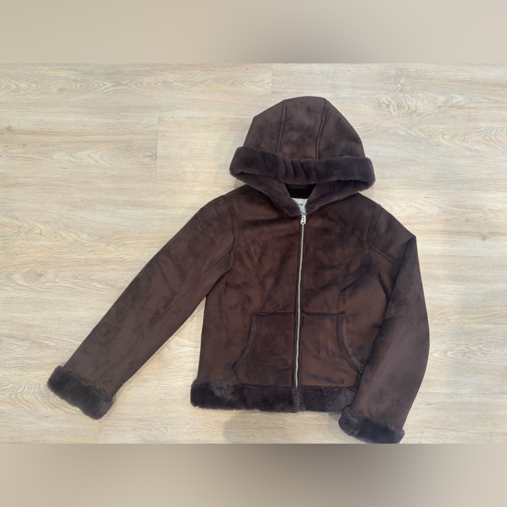 Hollister Faux Fur-Lined Faux Shearling Hooded Jacket Espresso Brown Women’s M - Picture 2 of 6